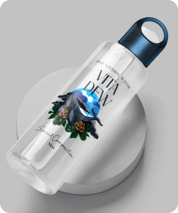 “Clear bottle of Vita Dew Bio Vitamin Water with mountain illustration and floral design on white background”