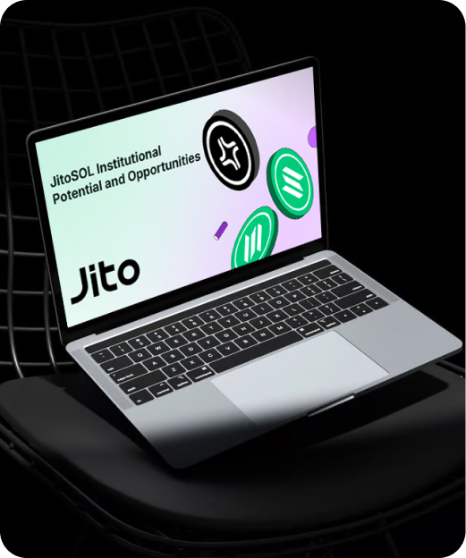 Laptop displaying JitoSOL institutional opportunities presentation designed by The Dreamer Designs