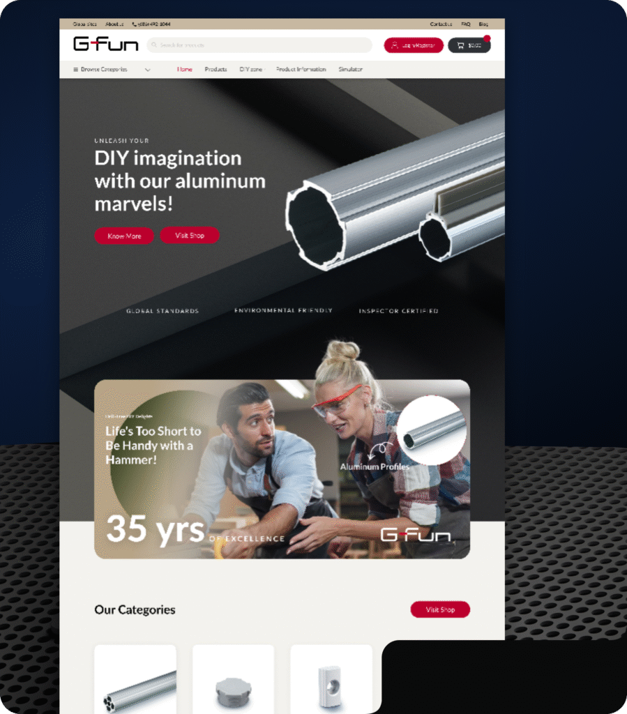 G Fun website homepage showcasing aluminum profiles and DIY tools.