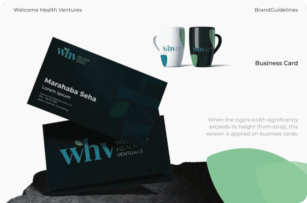 Welcome Health Ventures business cards and branded mugs with logo and brand colors.