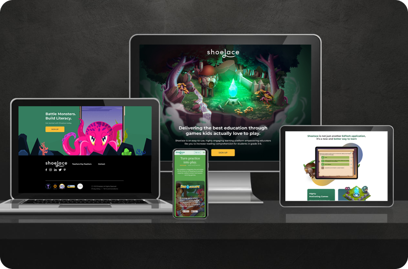 Shoelace educational games website shown on laptop, tablet, and smartphone.