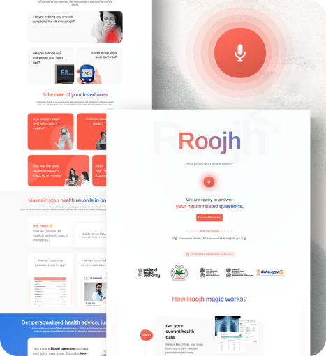 Roojh AI health assistant website displaying personalized health advice and data.