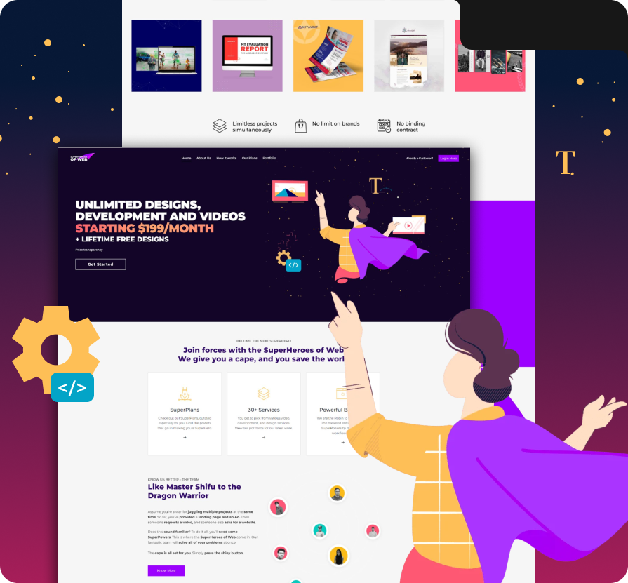 Website homepage showcasing unlimited design and development services with superhero theme.