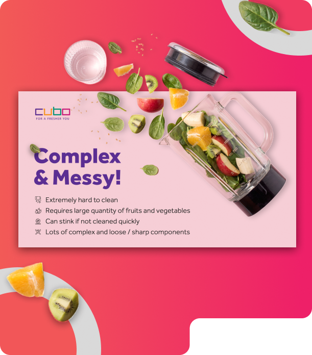 Blender filled with fruits and vegetables showing traditional juicing as complex and messy