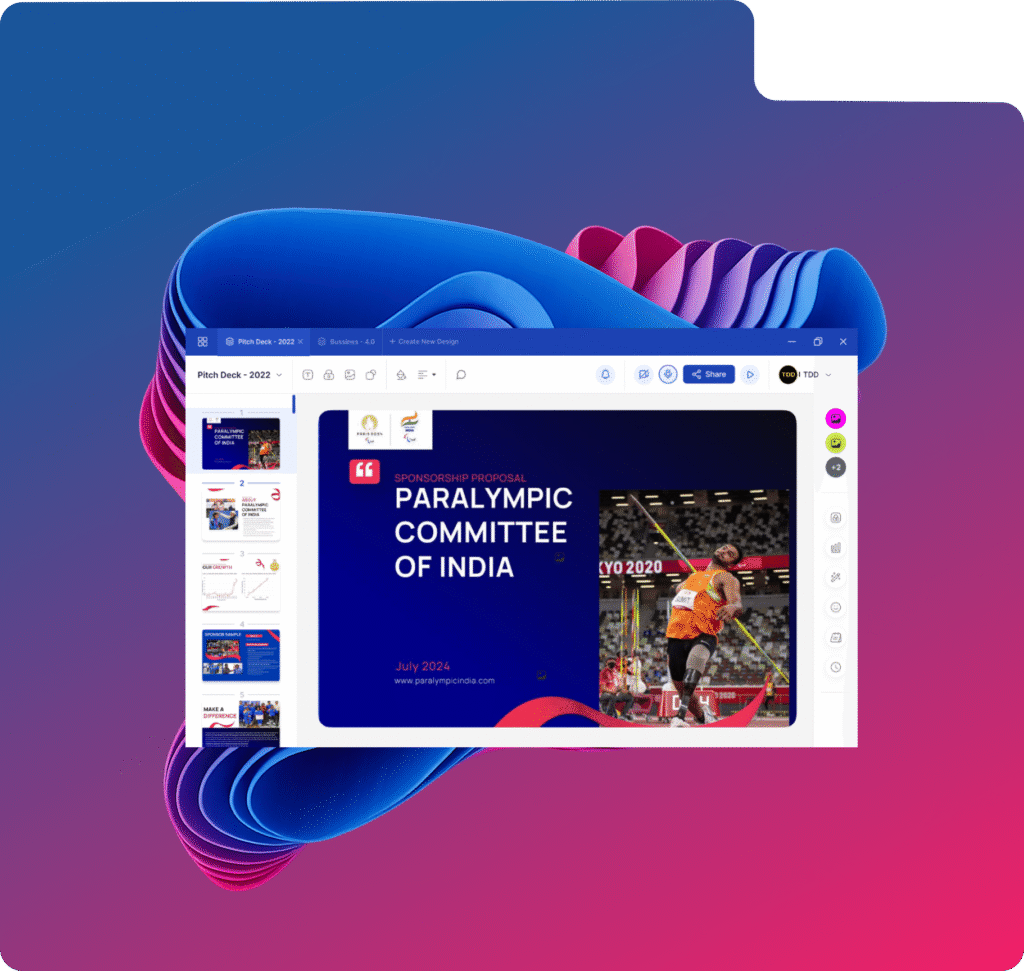 Screenshot of a digital pitch deck presentation titled “Paralympic Committee of India” featuring an athlete in action at Tokyo 2020.