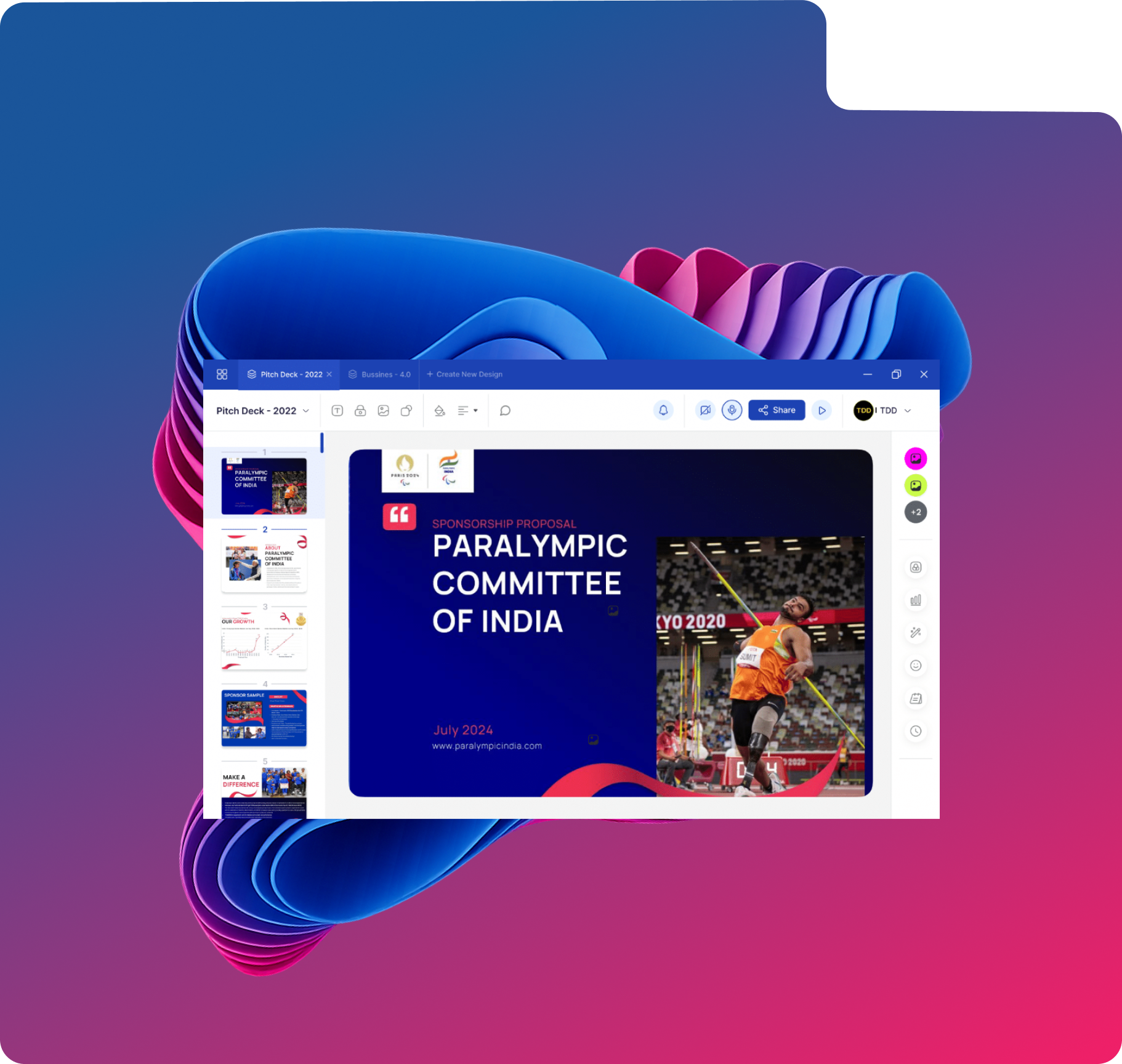 Screenshot of a digital pitch deck presentation titled “Paralympic Committee of India” featuring an athlete in action at Tokyo 2020.