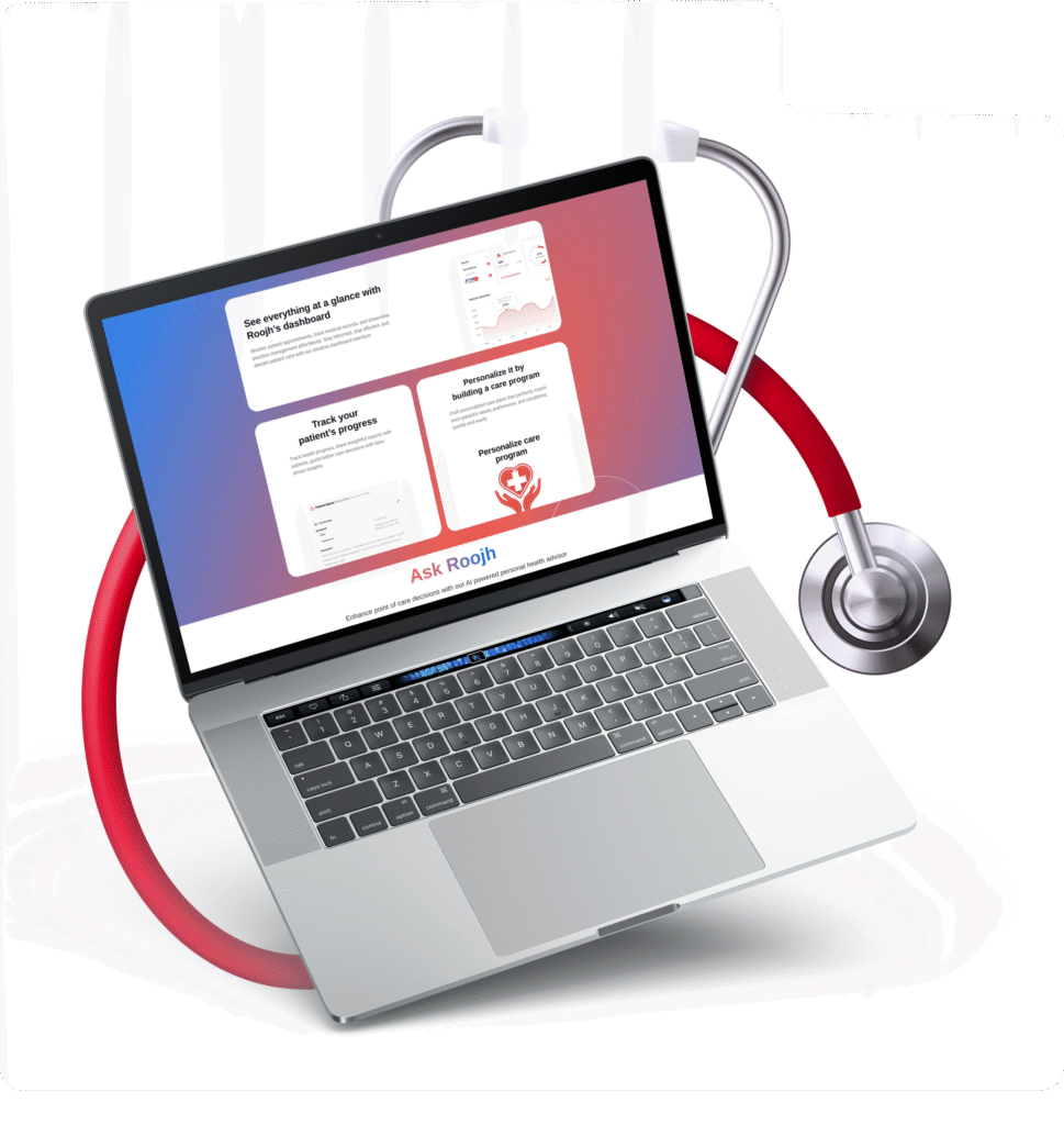 A silver laptop displaying the "Ask Roojh" medical dashboard interface. A red and silver stethoscope is wrapped around the laptop. The screen shows various data visualization and patient tracking features.