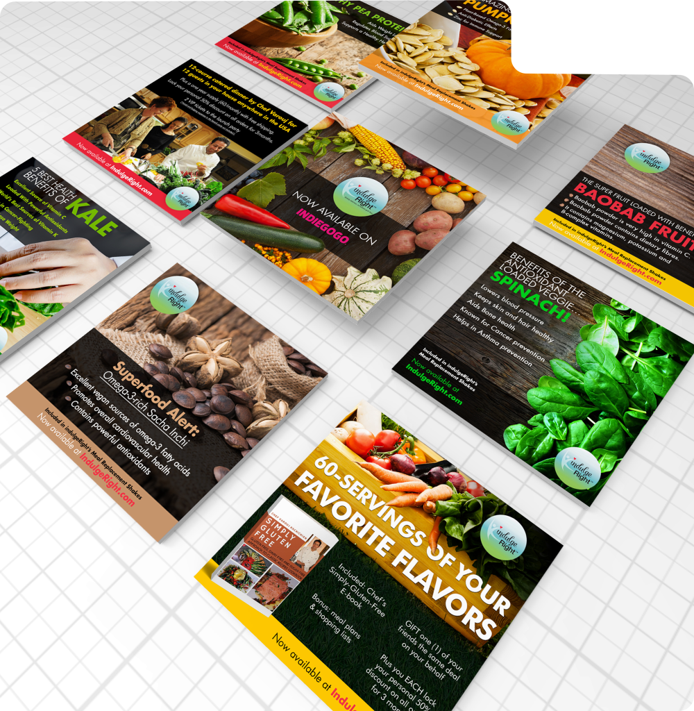 Flat lay of colorful superfood promotional posters highlighting health benefits of kale, spinach, baobab, pumpkin seeds, pea protein, and omega-rich sacha inchi seeds, available on Indiegogo